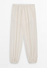 Lyse beige løstsiddende bukser med elastisk taljebånd og elastiske manchetter, lavet af let, let gennemsigtigt stof.