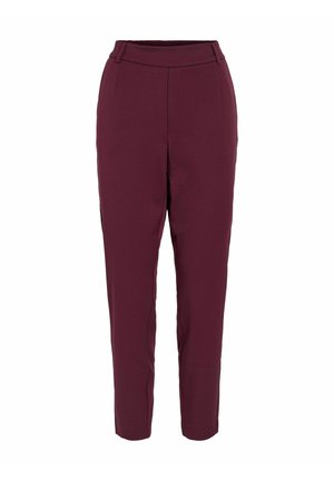 Pantalons bordeaux en tissu lisse, dotés d'une taille haute, de jambes fuselées et de détails de plis à l'avant. Pas de poches visibles.