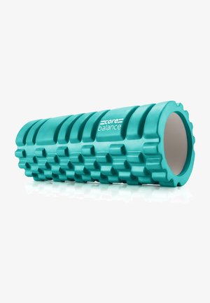 Türkisfarbener Schaumstoffroller mit einer strukturierten Oberfläche, die erhabene Rillen und einen hohlen Kern aufweist, entworfen für Muskelregeneration und Gleichgewichtstraining.