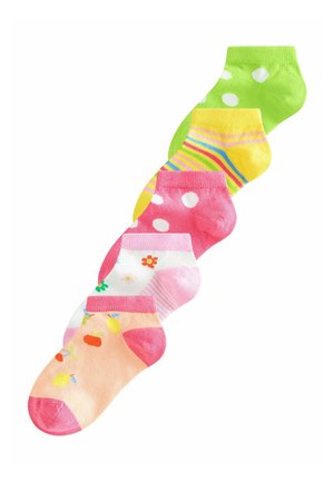 Colorful ankle socks in various patterns: green with polka dots, yellow striped, pink with dots, floral design, and pastel colors.