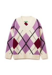 Sweter w serek w kolorze fioletowym, kremowym i burgundowym w wzór argyle. Wykonany z miękkiej tkaniny, z ściągaczami na mankietach i dolnej krawędzi.