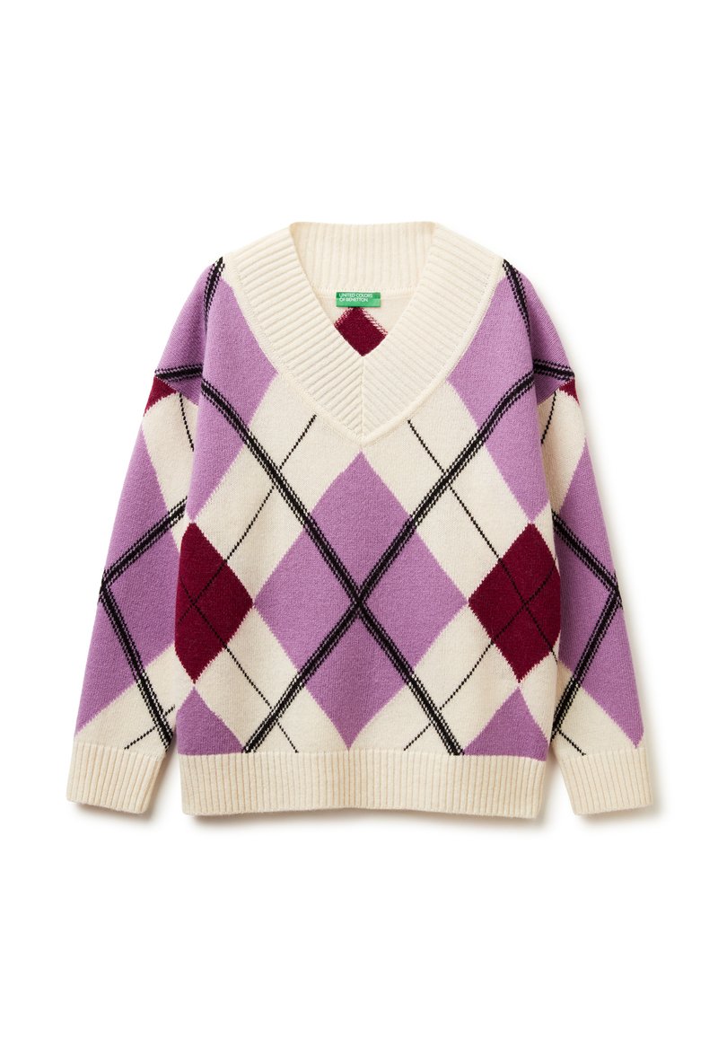 Sweter w serek w kolorze fioletowym, kremowym i burgundowym w wzór argyle. Wykonany z miękkiej tkaniny, z ściągaczami na mankietach i dolnej krawędzi.