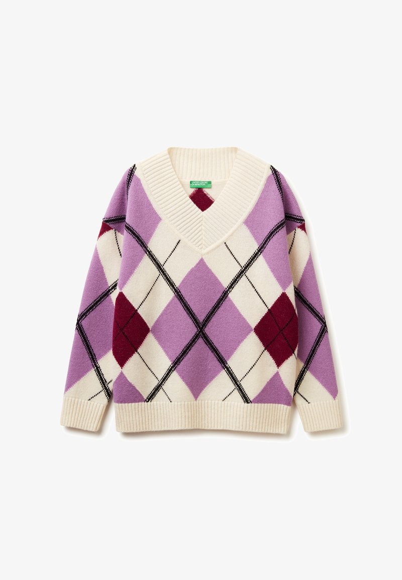 Sweter w serek w kolorze fioletowym, kremowym i burgundowym w wzór argyle. Wykonany z miękkiej tkaniny, z ściągaczami na mankietach i dolnej krawędzi.