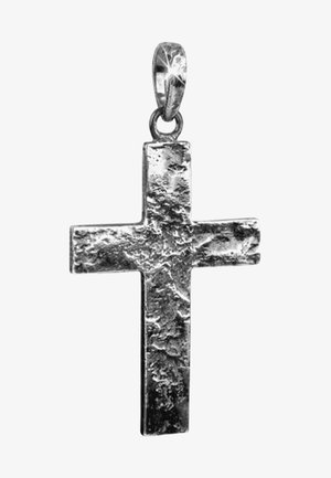 Silberner Kreuzanhänger mit strukturiertem Oberflächen, ausgestattet mit einer Schlaufe zur Befestigung. Einfaches geometrisches Design mit polierten Kanten.