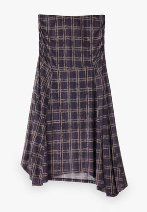 Strapless purple dress with an asymmetrical hem and a beige plaid pattern.