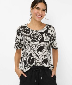 Korte mouwen T-shirt met een zwart-wit bloemenpatroon. Lichtgewicht stof met een ronde halslijn en een ontspannen pasvorm.