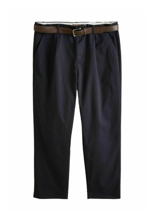 Navy trousers with a straight-leg cut, featuring side pockets, a belt with a brown buckle, and a smooth, lightweight cotton fabric.