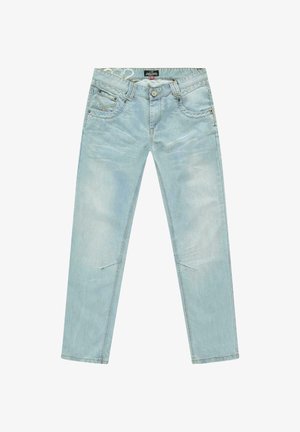 Lichtblauwe denim jeans met een slim fit, voorzien van voorzakken, subtiele whiskering en contrasterende stiksels. Geen zichtbare metalen accenten.