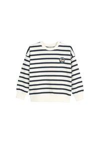 Felpa a righe blu navy e bianche, collo rotondo, maniche lunghe, in tessuto morbido, con un patch rotondo con logo sul davanti. Polsini e orlo a coste.