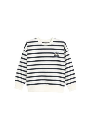 Sweatshirt rayé bleu marine et blanc, col rond, manches longues, tissu doux, avec un patch logo rond sur le devant. Bords ribbed aux poignets et au bas.