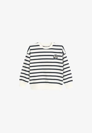 Marineblauwe en witte gestreepte sweatshirt, ronde hals, lange mouwen, zachte stof, met een rond logo-op-patch aan de voorkant. Geribbelde manchetten en zoom.