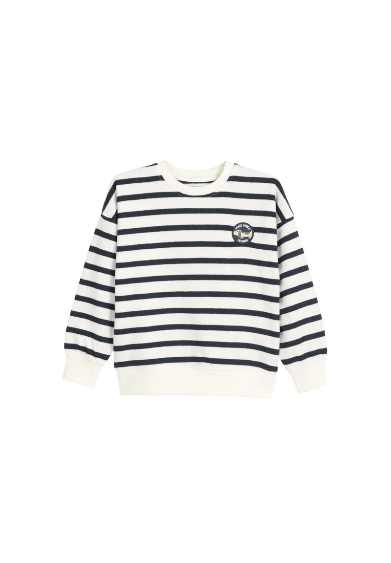 Granatowa i biała bluzka z długim rękawem, okrągły dekolt, wykonana z miękkiego materiału, z okrągłą łatą z logo z przodu. Żebrowane mankiety i dół.