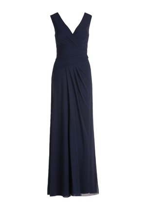 Navy blue floor-length dress with a V-neck, wrap-style bodice, and pleated skirt. Made from a smooth fabric; features no visible hardware.