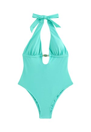Bañador de una pieza color turquesa con escote halter, corte en forma de ojo de cerradura en la parte delantera y detalle decorativo de piedra en el busto.