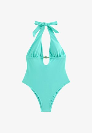 Turkusowy jednoczęściowy kostium kąpielowy na szyję z wycięciem typu keyhole z przodu i ozdobnym kamieniem na biuście.