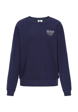 Sötétkék hosszú ujjú pulóver, kerek nyakkal és bordázott mandzsettákkal. Fehér színű felirat: "A GYÖKEREK MÉLYRE NYÚLNAK", fágyökér designnal.