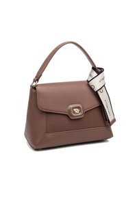 Borsa a tracolla in pelle marrone con texture, dotata di manico superiore e di una tracolla rimovibile con logo. Dettaglio della chiusura in tonalità oro sulla parte anteriore.