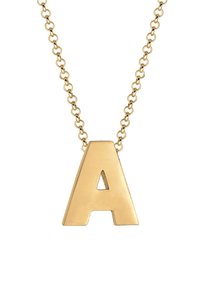 Goldfarbene Halskette mit einem großen, auffälligen Buchstaben-"A" Anhänger. Die Kette besteht aus miteinander verbundenen Gliedern. Glatte Textur und metallischer Finish.