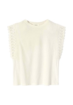 Haut blanc sans manches avec encolure ronde et détails en dentelle le long des épaules et des bords.