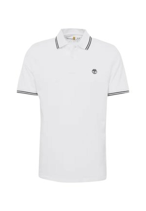 Polo bianco realizzato in cotone con collo a due bottoni, dettagli neri a righe sul collo e sulle maniche, e un piccolo logo nero sul petto.