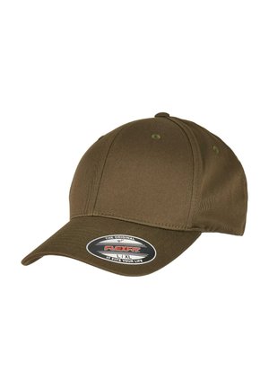 Olive green baseball cap in a fitted design with a curved brim, featuring a textured fabric and a branded sticker on the front.