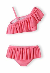 Set di bikini a due pezzi rosa con volant, caratterizzato da un top a spalla unica in tessuto testurizzato e un fondo coordinato con volant.