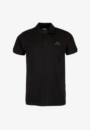 Črna polo majica iz bombaža, z zapenjanjem na tri gumbe, kratkimi rokavi in vezenim logotipom na levi strani prsnega koša.