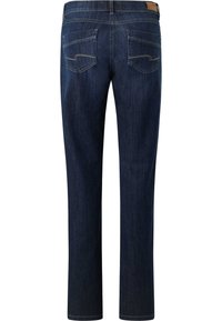 Jeans de mezclilla azul oscuro con corte recto. Incluye dos bolsillos traseros con detalles de costura y una etiqueta de cuero en la cintura.