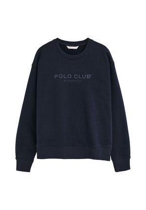 Mørkeblå crewneck sweatshirt med lange ærmer og broderet tekst "Polo Club Established 2012" midt for.