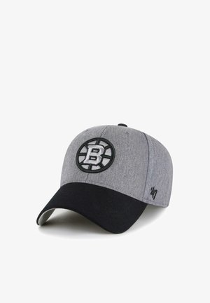 Graue und schwarze Baseballkappe mit einem schwarz-weißen "B"-Logo vorne und „24/7“ an der Seite bestickt.