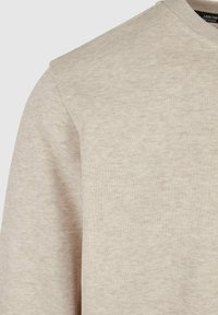 Pull beige à col rond avec tissu doux et texturé et manches longues, présenté de l'épaule au milieu du torse sur un fond clair.