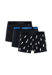 Tri parovi muških bokserica: jedan u potpunosti crn s crnim remenom "HAPPY", jedan u potpunosti crn s plavim remenom "HAPPY", jedan s uzorkom bijelih munja.