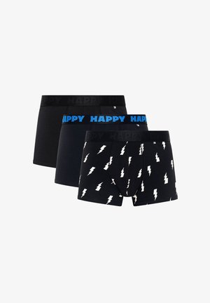 Kolm paari meeste bokserkleite: üks ühtlane must musta "HAPPY" vööga, üks ühtlane must sinise "HAPPY" vööga, üks mustriga, millel on valged äikesepoldid.