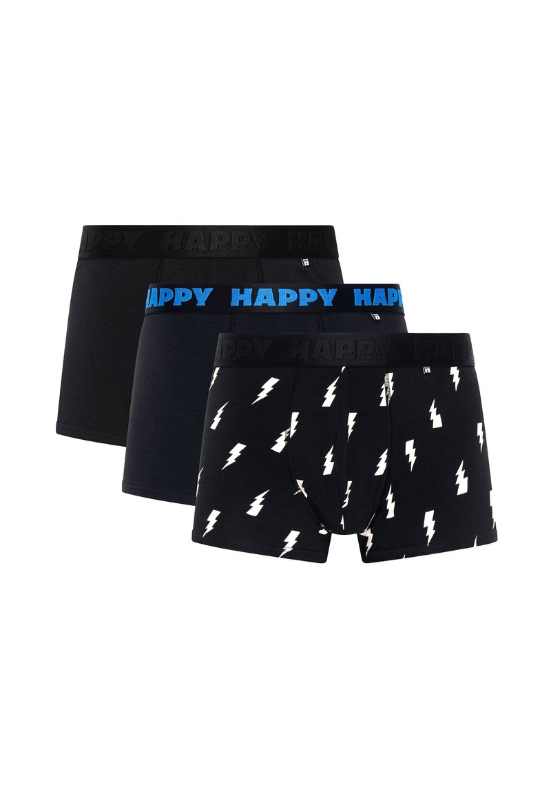 Tri parovi muških bokserica: jedan u potpunosti crn s crnim remenom "HAPPY", jedan u potpunosti crn s plavim remenom "HAPPY", jedan s uzorkom bijelih munja.