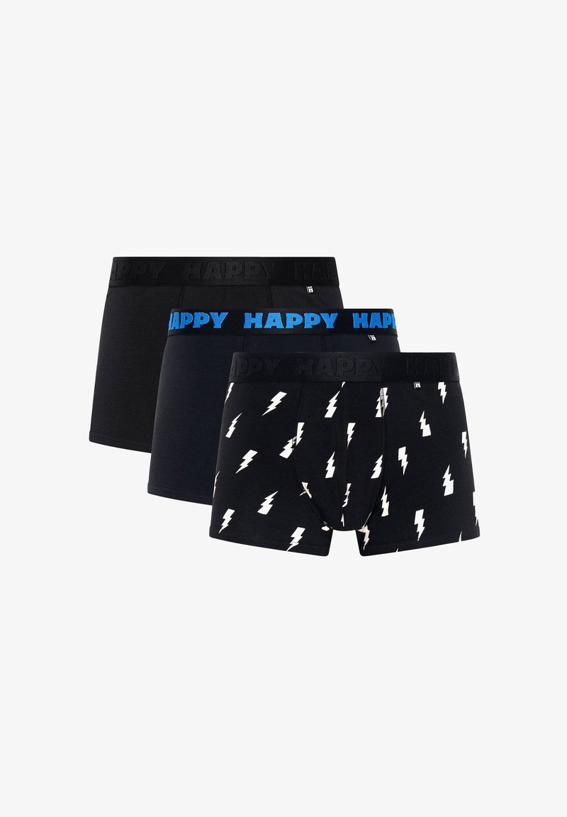 Tri parovi muških bokserica: jedan u potpunosti crn s crnim remenom "HAPPY", jedan u potpunosti crn s plavim remenom "HAPPY", jedan s uzorkom bijelih munja.