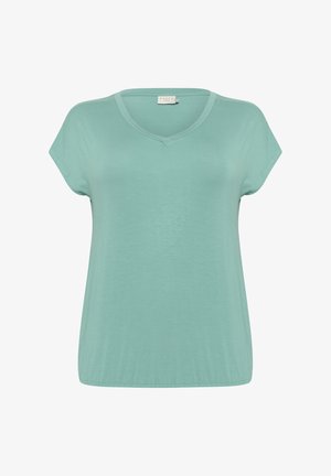 Helles Türkisfarbendes kurzärmliges Oberteil mit V-Ausschnitt, aus weichem, glattem Stoff gefertigt. Verfügt über eine lässige Passform und eine schlichte, klare Silhouette.