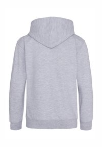 Grå sweatshirt med huva, tillverkad av mjukt tyg. Har ribbade muddar och nederkant, slät yta och en minimalistisk design.