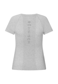Camiseta atlética gris de mangas cortas, con un panel trasero texturizado y el logo vertical "Röhnisch" en un gris más claro.