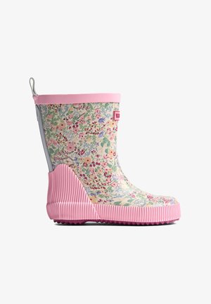 Stivaletto da pioggia rosa per bambini con motivo floreale, suola rigata e linguetta posteriore per facilitare la calzata.