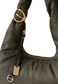 Shoulder bag in khaki fabric with a textured pattern, featuring gold hardware, a zip closure, and a leather accent with a logo plate.