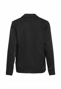 Juoda ilga rankovė striukė, pasižyminti tekstūruota medžiaga, iškirpte su notch detalėmis ir tiesiu kirpimu su lygiu apdailos variantu nugaroje.