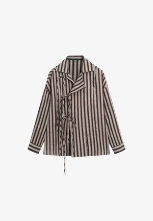 Brun og beige langærmet skjorte med lodrette striber, krave og flere bindelukninger foran.