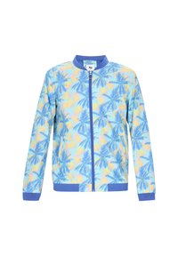 Giacca azzurro chiaro con zip frontale, caratterizzata da un motivo di foglie tropicali nei toni blu, giallo e rosa. Maniche e colletto a costine di un blu uniforme.