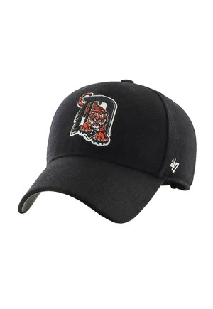 Black baseball cap made from soft material featuring an embroidered tiger and letter "D" on the front. Brim is slightly curved, with a logo on the side.