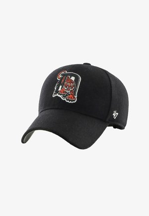 Black baseball cap made from soft material featuring an embroidered tiger and letter "D" on the front. Brim is slightly curved, with a logo on the side.