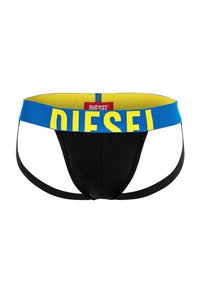 Jockstrap noir pour homme avec une large ceinture bleue et jaune comportant un grand texte jaune "DIESEL" et des fines bretelles noires à l'arrière.