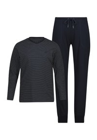 Ensemble de pyjama marine comprenant un haut à rayures à manches longues avec un col en V et un pantalon uni marine assorti avec une taille élastique et des poches.