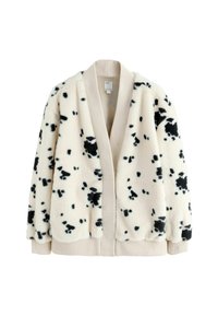 Faux fur cardigan with a cream base and black spotted pattern. Features a wide beige knitted collar and ribbed cuffs. Open front design.