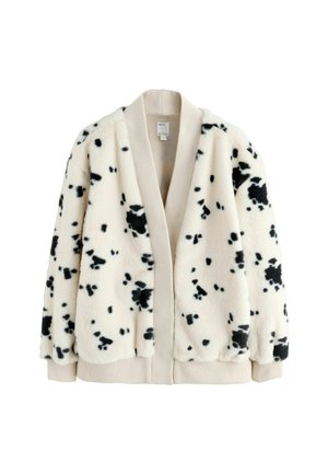 Faux fur cardigan with a cream base and black spotted pattern. Features a wide beige knitted collar and ribbed cuffs. Open front design.