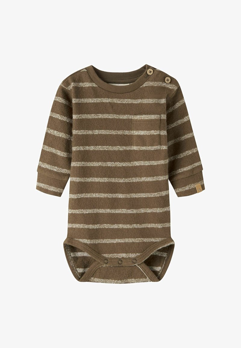 Body bébé à manches longues rayé marron et beige avec boutons-pression au bas et deux boutons à l'épaule.